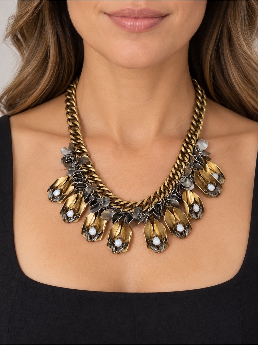 J.Crew Vintage Mixed Metal Petal Statement Necklace. 20 inches long